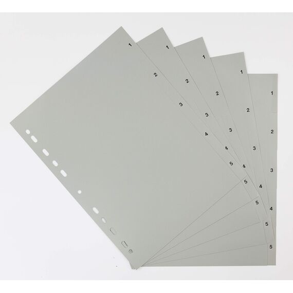 5er Set 5-teiliges Register/Trennblätter aus PP, DIN A4 mit Zahlen 1-5, volldeckend, grau praktischem Deckblatt aus stabilem Papier zum Beschriften. Trenn-Blätter für die Ordner-Organisation im Büro