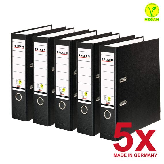 Original Falken 5er Pack PP-Color Kunststoff-Ordner. Made in Germany. 8 cm breit DIN A4 schwarz Vegan Ringordner Aktenordner Briefordner Büroordner Plastikordner Schlitzordner