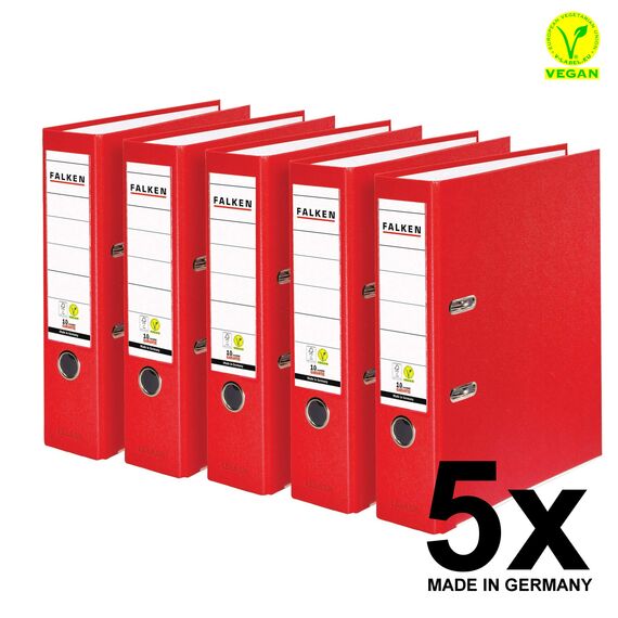 Original Falken 5er Pack PP-Color Kunststoff-Ordner. Made in Germany. 8 cm breit DIN A4 rot Vegan Ringordner Aktenordner Briefordner Büroordner Plastikordner Schlitzordner