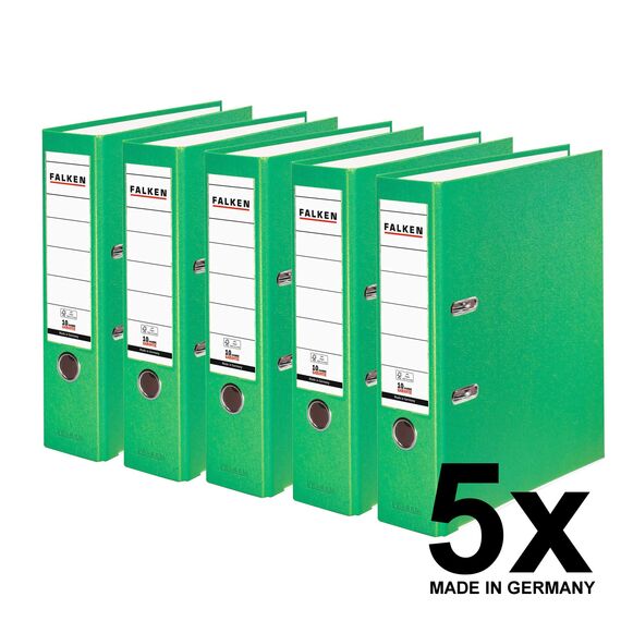Original Falken 5er Pack PP-Color Kunststoff-Ordner. Made in Germany. 8 cm breit DIN A4 Pastell-Farbe hellgrün Vegan Ringordner Aktenordner Briefordner Büroordner Plastikordner Schlitzordner