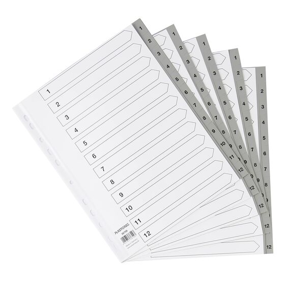 5er Set XXL 12-teiliges Register/Trennblätter extra breit aus PP, DIN A4+ mit Zahlen 1-12, volldeckend mit Deckblatt aus stabilem Papier. Trenn-Blätter überbreit für die Ordner-Organisation im Büro