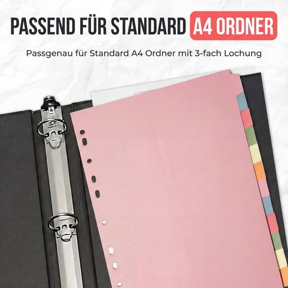 The Paper Shop A4 Ordner Register Unterteiler Hochformat 150 g/m² | 1 Pack | 12-Teilig Mehrfach Gelocht Aus Stabiler Pappe | Farbige Trennblätter für Dokumente Büro Schule Archiv Organisation