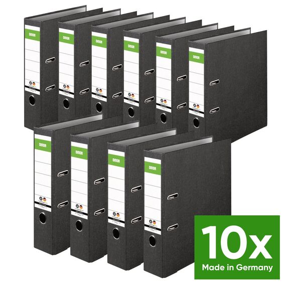 Original DINOR Ordner-Wolkenmarmor-Recycling - Made in Germany. 10er Pack 8 cm breit DIN A4 schwarz Aktenordner Briefordner Büroordner Pappordner Schlitzordner Grüner Balken Blauer Engel