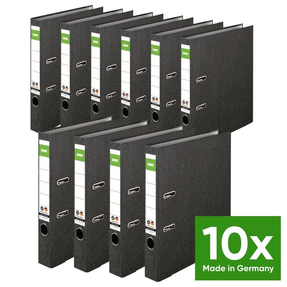 Original DINOR Ordner-Wolkenmarmor-Recycling - Made in Germany. 10er Pack 5 cm breit DIN A4 schwarz Aktenordner Briefordner Büroordner Pappordner Schlitzordner Grüner Balken Blauer Engel