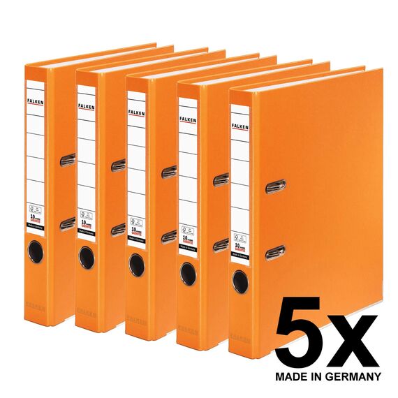 Original Falken 5er Pack PP-Color Kunststoff-Ordner. Made in Germany. 5 cm schmal DIN A4 orange Vegan Ringordner Aktenordner Briefordner Büroordner Plastikordner Schlitzordner