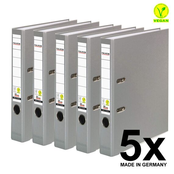 Original Falken 5er Pack PP-Color Kunststoff-Ordner. Made in Germany. 5 cm schmal DIN A4 grau Vegan Ringordner Aktenordner Briefordner Büroordner Plastikordner Schlitzordner
