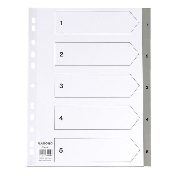 5er Set 5-teiliges Register/Trennblätter aus PP, DIN A4 mit Zahlen 1-5, volldeckend, grau praktischem Deckblatt aus stabilem Papier zum Beschriften. Trenn-Blätter für die Ordner-Organisation im Büro