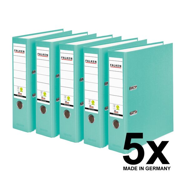 Original Falken 5er Pack PP-Color Kunststoff-Ordner. Made in Germany. 8 cm breit DIN A4 Pastell-Farbe türkis Vegan Ringordner Aktenordner Briefordner Büroordner Plastikordner Schlitzordner