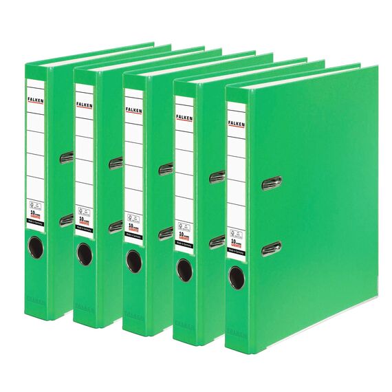 Original Falken 5er Pack PP-Color Kunststoff-Ordner. Made in Germany. 5 cm schmal DIN A4 Pastell-Farbe hellgrün Vegan Ringordner Aktenordner Briefordner Büroordner Plastikordner Schlitzordner