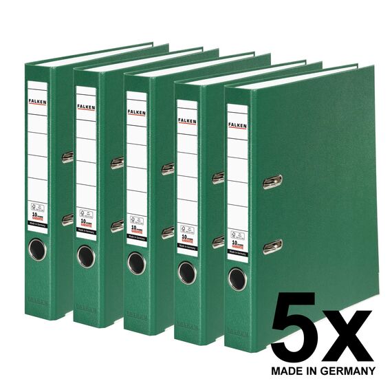 Original Falken 5er Pack PP-Color Kunststoff-Ordner. Made in Germany. 5 cm schmal DIN A4 grün Vegan Ringordner Aktenordner Briefordner Büroordner Plastikordner Schlitzordner