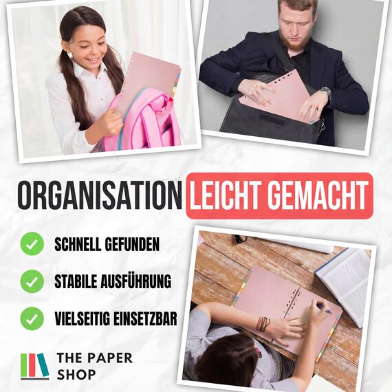 The Paper Shop A4 Ordner Register Unterteiler Hochformat 150 g/m² | 1 Pack | 12-Teilig Mehrfach Gelocht Aus Stabiler Pappe | Farbige Trennblätter für Dokumente Büro Schule Archiv Organisation