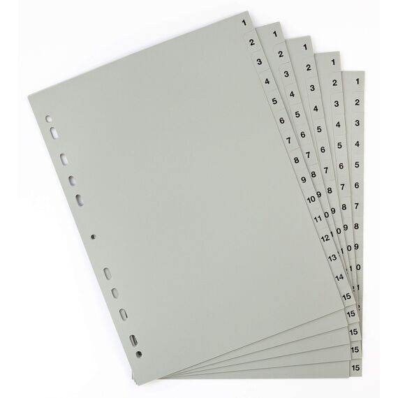 5er Set 15-teiliges Register/Trennblätter aus PP, DIN A4 mit Zahlen 1-15, volldeckend + praktischem Deckblatt aus stabilem Papier zum Beschriften. Trenn-Blätter für die Ordner-Organisation im Büro