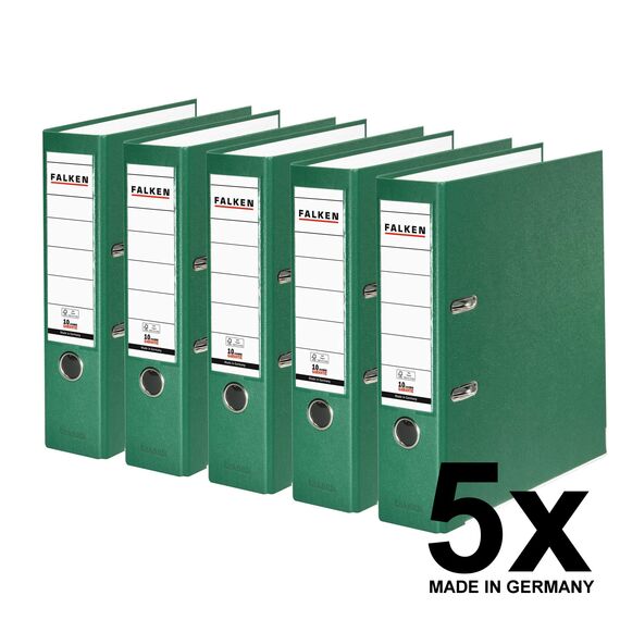 Original Falken 5er Pack PP-Color Kunststoff-Ordner. Made in Germany. 8 cm breit DIN A4 grün Vegan Ringordner Aktenordner Briefordner Büroordner Plastikordner Schlitzordner