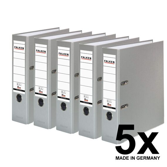 Original Falken 5er Pack PP-Color Kunststoff-Ordner. Made in Germany. 8 cm breit DIN A4 grau Vegan Ringordner Aktenordner Briefordner Büroordner Plastikordner Schlitzordner