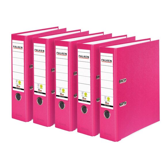 Original Falken 5er Pack PP-Color Kunststoff-Ordner. Made in Germany. 8 cm breit DIN A4 Pastell-Farbe pink Vegan Ringordner Aktenordner Briefordner Büroordner Plastikordner Schlitzordner
