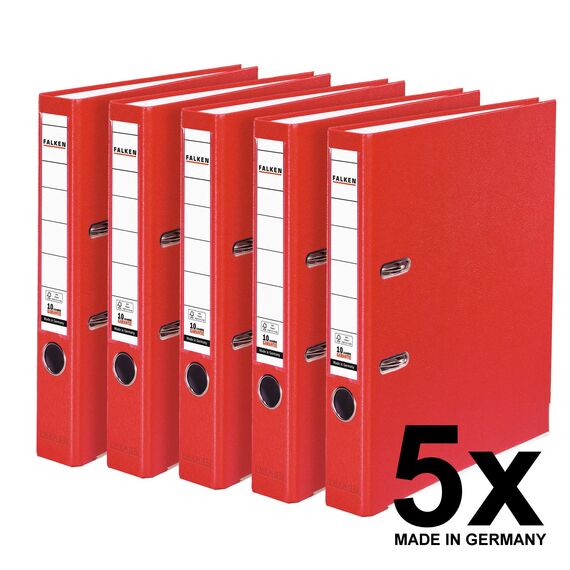 Original Falken 5er Pack PP-Color Kunststoff-Ordner. Made in Germany. 5 cm schmal DIN A4 rot Vegan Ringordner Aktenordner Briefordner Büroordner Plastikordner Schlitzordner