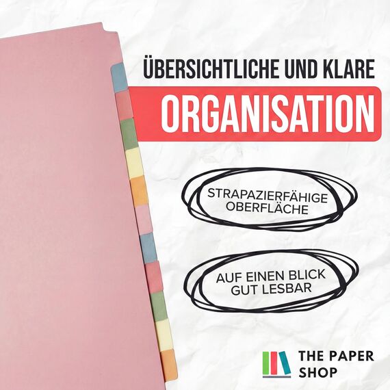 The Paper Shop A4 Ordner Register Unterteiler Hochformat 150 g/m² | 5 Pack | 12-Teilig Mehrfach Gelocht Aus Stabiler Pappe | Farbige Trennblätter für Dokumente Büro Schule Archiv Organisation
