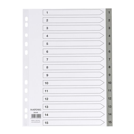 5er Set 15-teiliges Register/Trennblätter aus PP, DIN A4 mit Zahlen 1-15, volldeckend + praktischem Deckblatt aus stabilem Papier zum Beschriften. Trenn-Blätter für die Ordner-Organisation im Büro