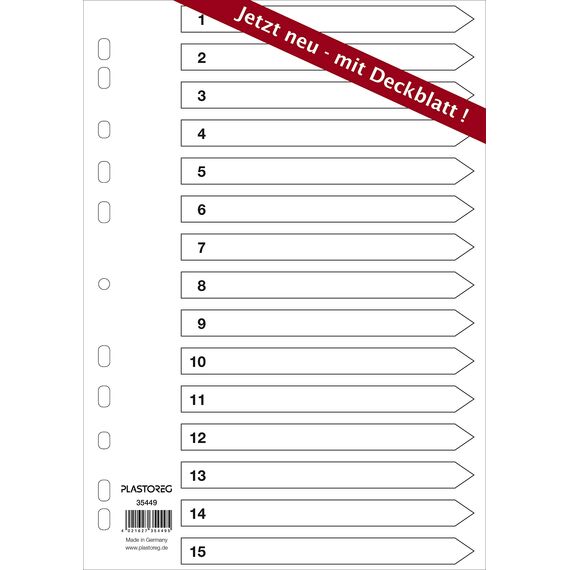 5er Set 15-teiliges Register/Trennblätter aus PP, DIN A4 mit Zahlen 1-15, volldeckend + praktischem Deckblatt aus stabilem Papier zum Beschriften. Trenn-Blätter für die Ordner-Organisation im Büro
