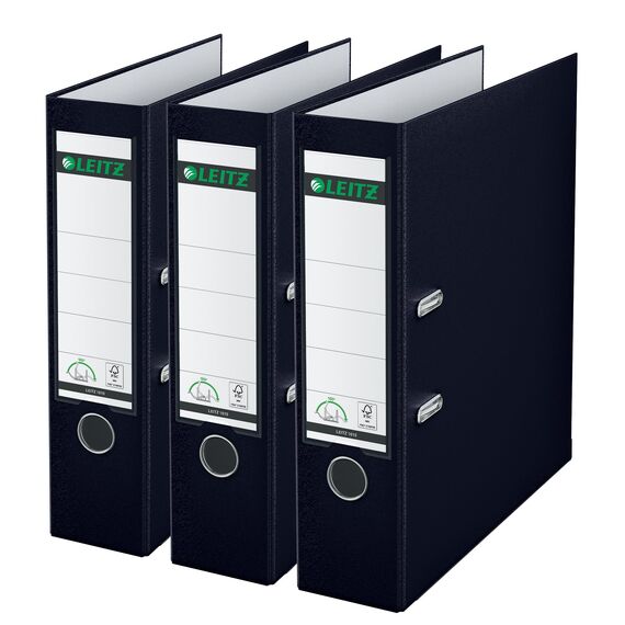 Leitz Qualitäts-Ordner 180° Plastik, 3er Pack, das Original, A4 Aktenordner 8 cm breit, 90% Recycling-Karton, 30% Pre-Consumer Recycling-Kunststoff, 180° Mechanik, 600 Blatt, Schwarz, 310335095