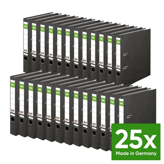 Original DINOR Ordner-Wolkenmarmor-Recycling - Made in Germany. 25er Pack 5 cm breit DIN A4 schwarz Aktenordner Briefordner Büroordner Pappordner Schlitzordner Grüner Balken Blauer Engel