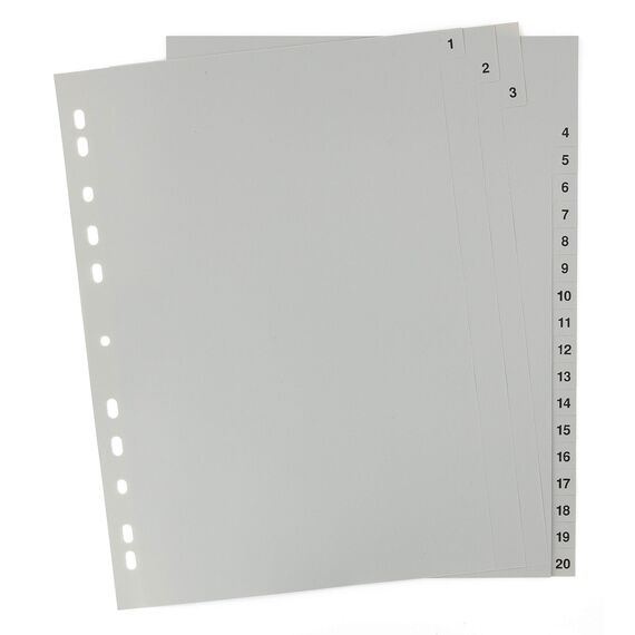 5er Set 20-teiliges Register/Trennblätter aus PP, DIN A4 mit Zahlen 1-20, volldeckend + praktischem Deckblatt aus stabilem Papier zum Beschriften. Trenn-Blätter für die Ordner-Organisation im Büro