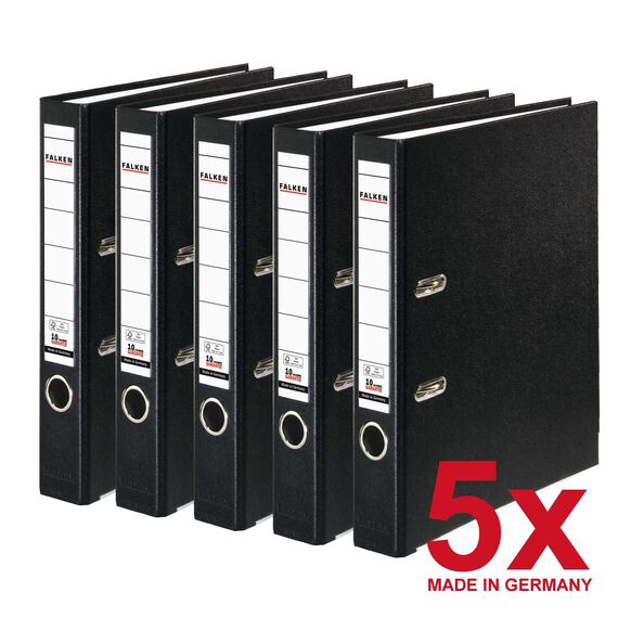 Original Falken 5er Pack PP-Color Kunststoff-Ordner. Made in Germany. 5 cm schmal DIN A4 schwarz Vegan Ringordner Aktenordner Briefordner Büroordner Plastikordner Schlitzordner