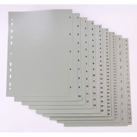 5er Set 20-teiliges Register/Trennblätter aus PP Kunststoff für DIN A4 halbe Höhe mit Buchstaben A-Z, grau Trenn-Blätter für die Ordner-Organisation im Büro.