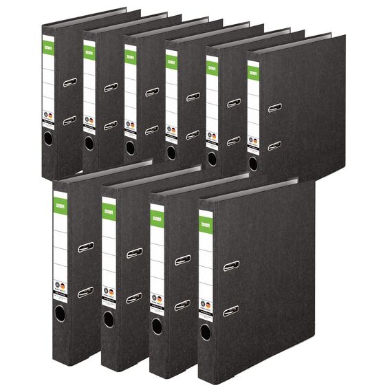 Original DINOR Ordner-Wolkenmarmor-Recycling - Made in Germany. 10er Pack 5 cm breit DIN A4 schwarz Aktenordner Briefordner Büroordner Pappordner Schlitzordner Grüner Balken Blauer Engel