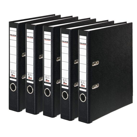 Original Falken 5er Pack PP-Color Kunststoff-Ordner. Made in Germany. 5 cm schmal DIN A4 schwarz Vegan Ringordner Aktenordner Briefordner Büroordner Plastikordner Schlitzordner