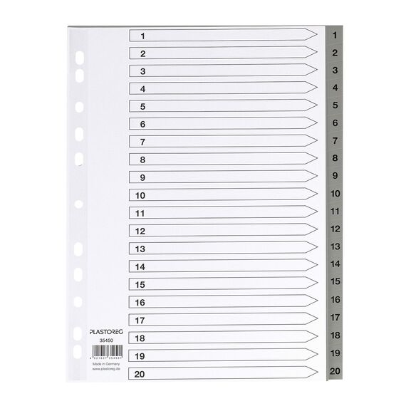 5er Set 20-teiliges Register/Trennblätter aus PP, DIN A4 mit Zahlen 1-20, volldeckend + praktischem Deckblatt aus stabilem Papier zum Beschriften. Trenn-Blätter für die Ordner-Organisation im Büro