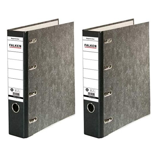 Original Falken Recycling-Doppelordner Wolkenmarmor. Made in Germany. 7 cm breit schwarz für 2x DIN A5 quer Ablage mit geklebtem Rückenschild Kontoauszug-Ordner Ringordner Blauer Engel (Packung mit 2)