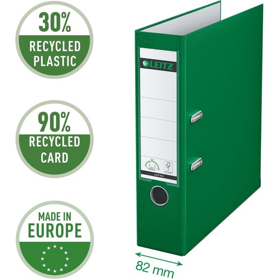 Leitz Qualitäts-Ordner 180° Plastik, 3er Pack, das Original, DIN A4 Aktenordner 5 cm schmal, 90% Recycling-Karton, 30% Pre-Consumer Recycling-Kunststoff, Mit 180° Mechanik, 350 Blatt, Grün, 310345055
