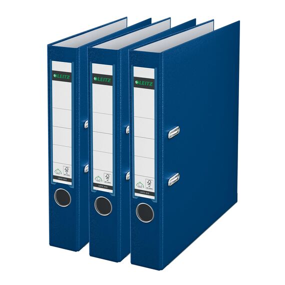 Leitz Qualitäts-Ordner 180° Plastik, 3er Pack, das Original, DIN A4 Aktenordner 5 cm schmal, 90% Recycling-Karton, 30% Pre-Consumer Recycling-Kunststoff, Mit 180° Mechanik, 350 Blatt, Blau, 310345035