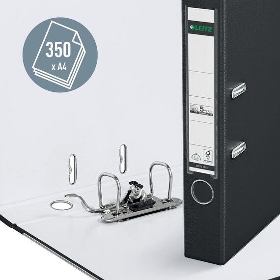 Leitz Qualitäts-Ordner 180° Plastik, 3er Pack, das Original, A4 Aktenordner 5 cm schmal, 90% Recycling-Karton, 30% Pre-Consumer Recycling-Kunststoff, Mit 180° Mechanik, 350 Blatt, Schwarz, 310345095
