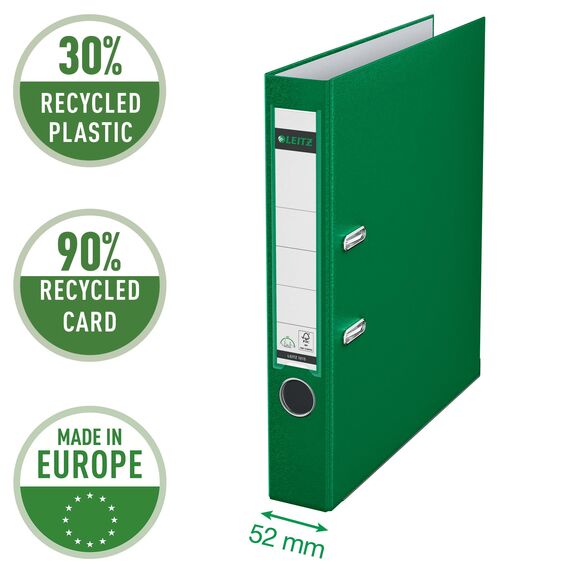 Leitz Qualitäts-Ordner 180° Plastik, das Original, DIN A4 Aktenordner 5 cm schmal, 90% Recycling-Karton, 30% Pre-Consumer Recycling-Kunststoff, Mit 180° Mechanik, 350 Blatt Kapazität, Grün, 10155055