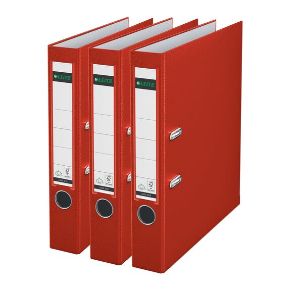 Leitz Qualitäts-Ordner 180° Plastik, 3er Pack, das Original, DIN A4 Aktenordner 5 cm schmal, 90% Recycling-Karton, 30% Pre-Consumer Recycling-Kunststoff, Mit 180° Mechanik, 350 Blatt, Rot, 310345025