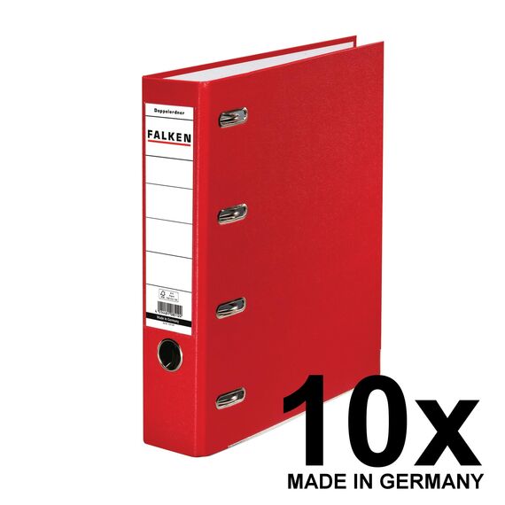 Original Falken 10er Pack PP Kunststoff-Doppelordner. Made in Germany. 7 cm breit rot für 2x DIN A5 quer Ablage mit Wechselfenster Kontoauszug-Ordner Ringordner Aktenordner Briefordner Büroordner