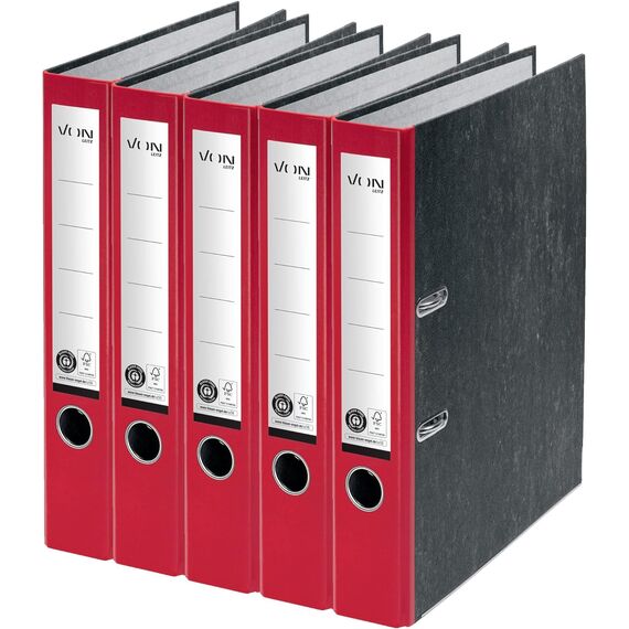 VON Leitz 5er Pack Ordner A4, 100 % Recyclingkarton, 50 mm Rückenbreite, Für 350 Blatt, Marmoriert, Blauer Engel & FSC-zertifiziert, Für Schule, Studium & Haushalt, Rot, 10541025