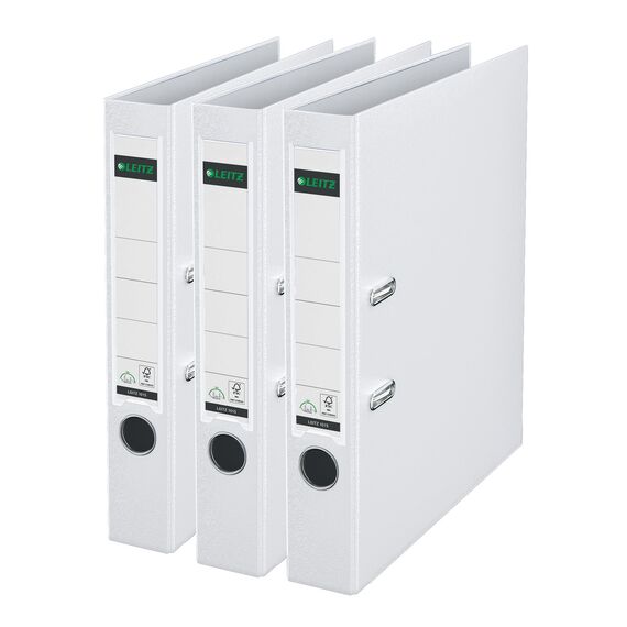 Leitz Qualitäts-Ordner 180° Plastik, 3er Pack, das Original, DIN A4 Aktenordner 5 cm schmal, 90% Recycling-Karton, 30% Pre-Consumer Recycling-Kunststoff, Mit 180° Mechanik, 350 Blatt, Weiß, 310345001