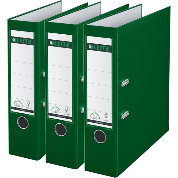 Leitz Qualitäts-Ordner 180° Plastik, 3er Pack, das Original, DIN A4 Aktenordner 5 cm schmal, 90% Recycling-Karton, 30% Pre-Consumer Recycling-Kunststoff, Mit 180° Mechanik, 350 Blatt, Grün, 310345055