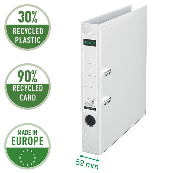 Leitz Qualitäts-Ordner 180° Plastik, 3er Pack, das Original, DIN A4 Aktenordner 5 cm schmal, 90% Recycling-Karton, 30% Pre-Consumer Recycling-Kunststoff, Mit 180° Mechanik, 350 Blatt, Weiß, 310345001