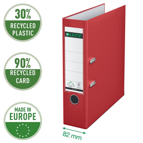 Leitz Qualitäts-Ordner 180° Plastik, 3er Pack, das Original, A4 Aktenordner 8 cm breit, 90% Recycling-Karton, 30% Pre-Consumer Recycling-Kunststoff, 180° Mechanik, 600 Blatt Kapazität, Rot, 310335025