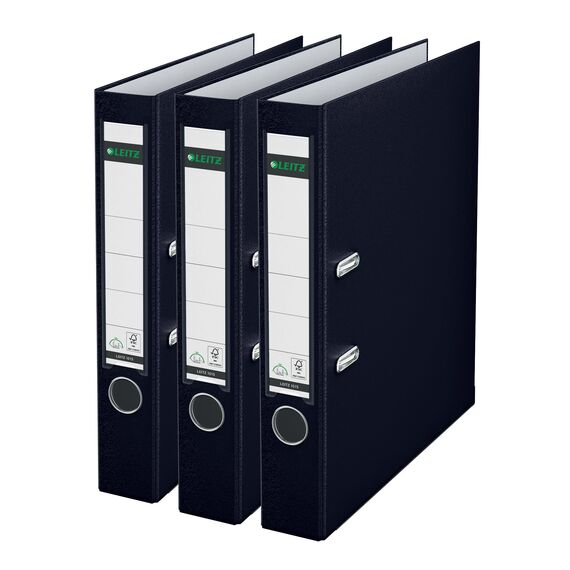 Leitz Qualitäts-Ordner 180° Plastik, 3er Pack, das Original, A4 Aktenordner 5 cm schmal, 90% Recycling-Karton, 30% Pre-Consumer Recycling-Kunststoff, Mit 180° Mechanik, 350 Blatt, Schwarz, 310345095