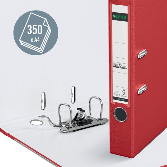 Leitz Qualitäts-Ordner 180° Plastik, 3er Pack, das Original, DIN A4 Aktenordner 5 cm schmal, 90% Recycling-Karton, 30% Pre-Consumer Recycling-Kunststoff, Mit 180° Mechanik, 350 Blatt, Rot, 310345025