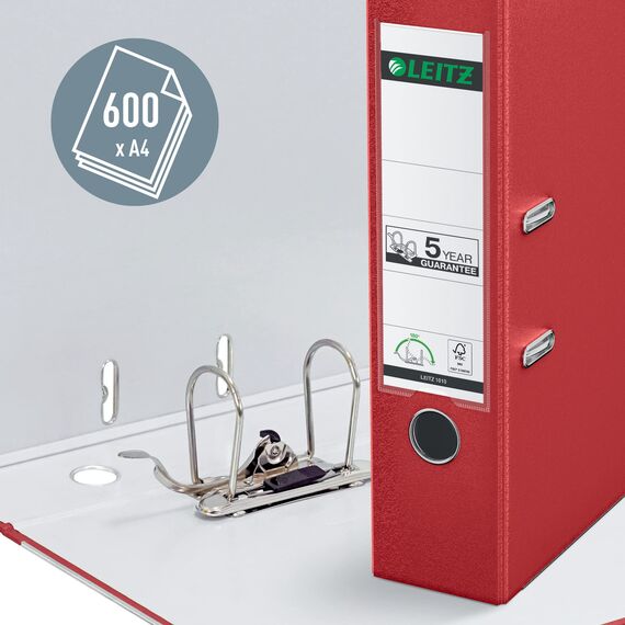 Leitz Qualitäts-Ordner 180° Plastik, 3er Pack, das Original, A4 Aktenordner 8 cm breit, 90% Recycling-Karton, 30% Pre-Consumer Recycling-Kunststoff, 180° Mechanik, 600 Blatt Kapazität, Rot, 310335025