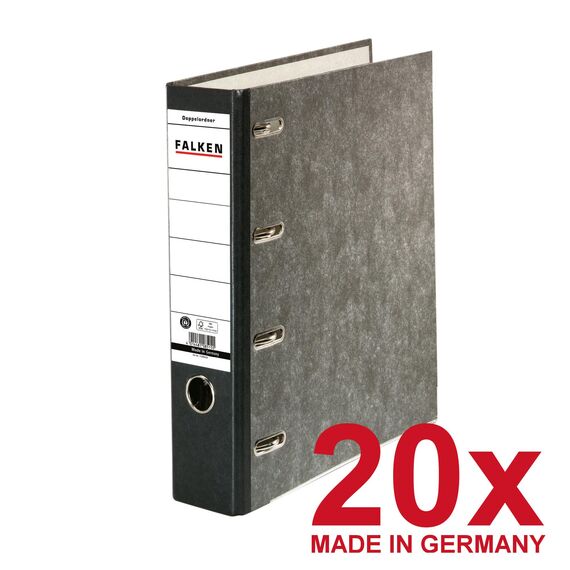 Original Falken 20er Pack Recycling-Doppelordner Wolkenmarmor. Made in Germany. 7 cm breit schwarz für 2x DIN A5 quer Ablage mit geklebtem Rückenschild Kontoauszug-Ordner Ringordner Blauer Engel