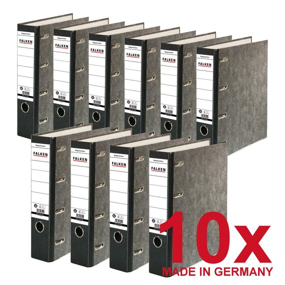 Original Falken 10er Pack Recycling-Doppelordner Wolkenmarmor. Made in Germany. 7 cm breit schwarz für 2x DIN A5 quer Ablage mit geklebtem Rückenschild Kontoauszug-Ordner Blauer Engel