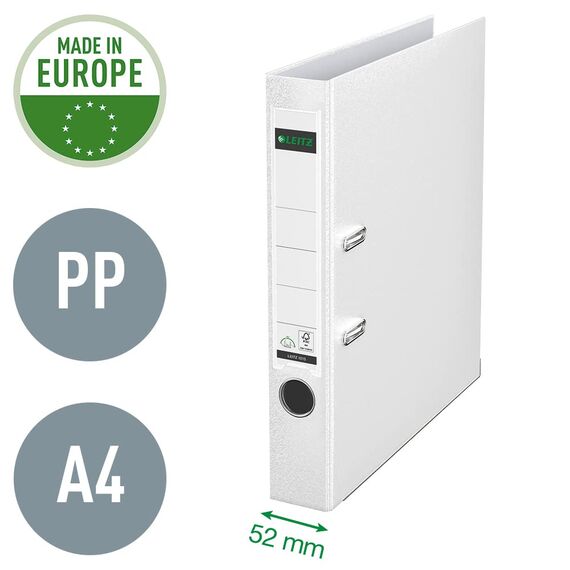 Leitz Qualitäts-Ordner 180° Plastik, 10er Pack, das Original, DIN A4 Aktenordner 5 cm schmal, 90% Recycling-Karton, 30% Pre-Consumer Recycling-Kunststoff, Mit 180° Mechanik, 350 Blatt, Weiß, 10151001