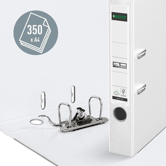 Leitz Qualitäts-Ordner 180° Plastik, 10er Pack, das Original, DIN A4 Aktenordner 5 cm schmal, 90% Recycling-Karton, 30% Pre-Consumer Recycling-Kunststoff, Mit 180° Mechanik, 350 Blatt, Weiß, 10151001